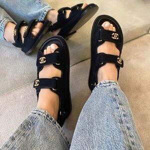 CHANEL Dad Sandals CC brooch logo quilted velour size 38